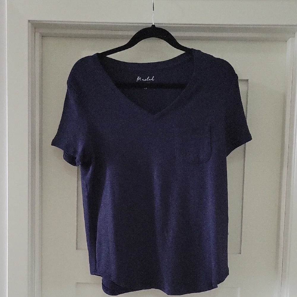 Marled Deep Navy V-Neck Pocket Short Sleeve Tee - Picture 1 of 7
